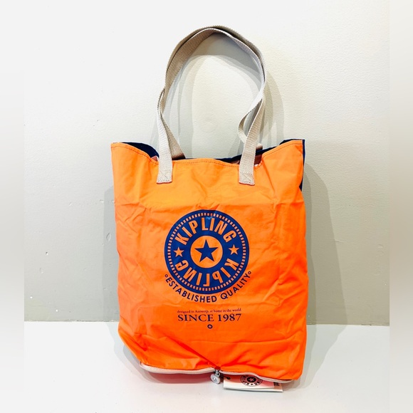 Kipling HIP HURRAY Packable Tote Bag Water Resistant Orange & Blue  NWT - Picture 5 of 8